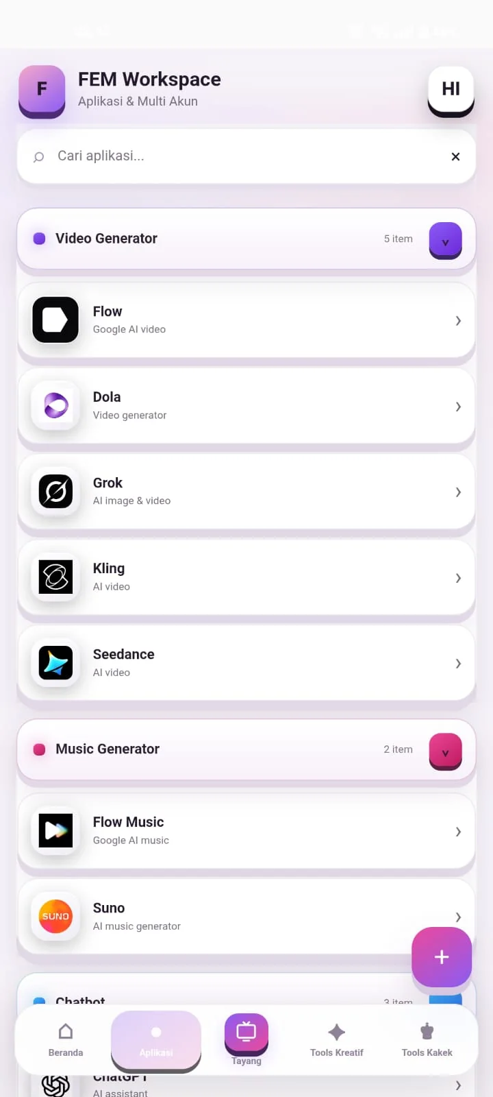 Daftar aplikasi dan multi akun FEM di Android