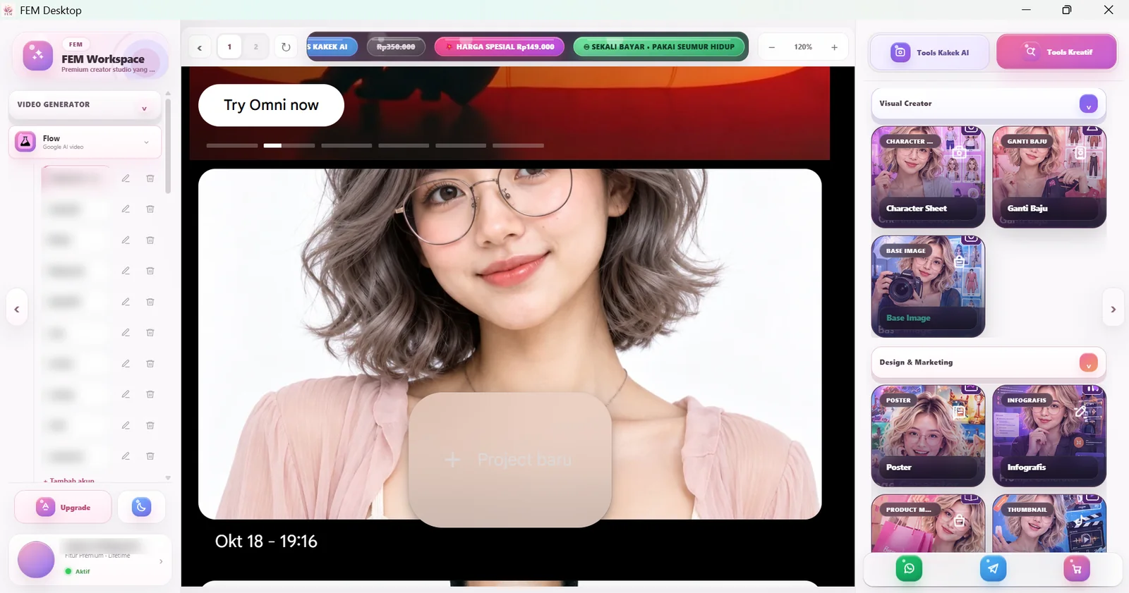 FEM Desktop: daftar tools dan akun di kiri, Tools Kreatif di kanan